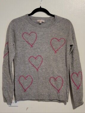 Philosophy 100% Cashmere Gray Pink Heart Crewneck Sweater XS No Flaws LOW PRICE